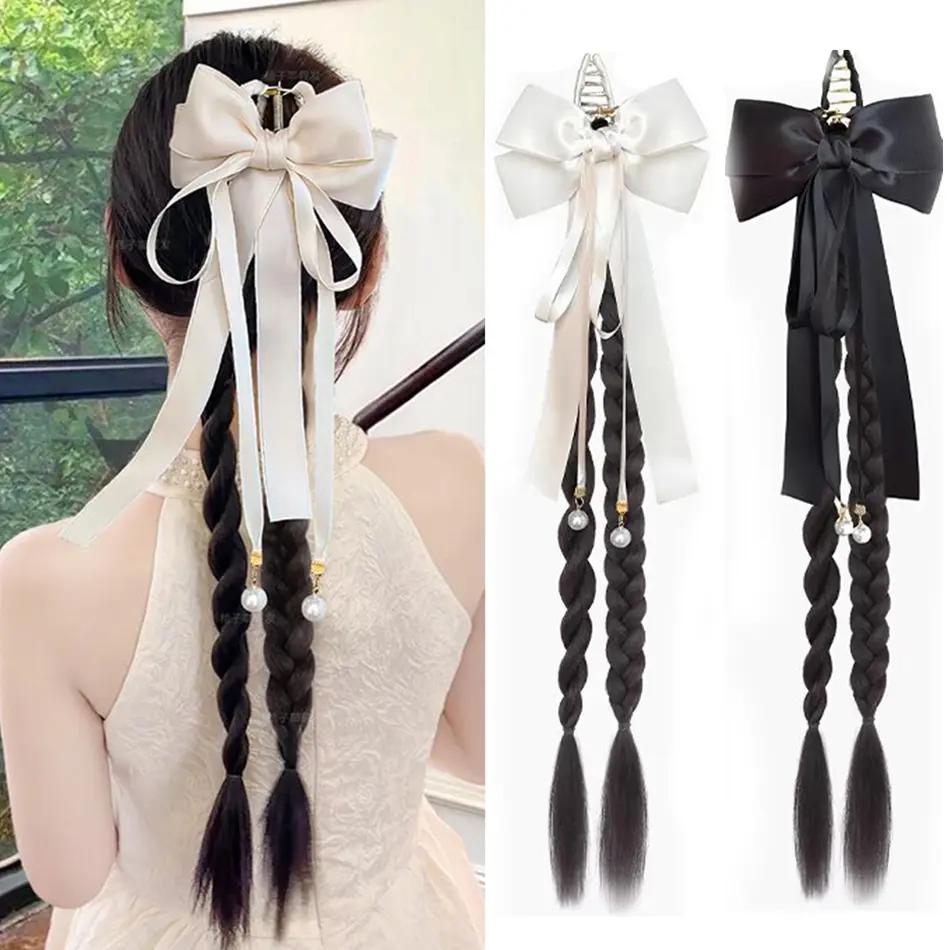 18Inch Synthetic Claw Clip Ponytail With Bow High Ponytail Twist Braids Hair Extensions Cute Braiding Hair For Women