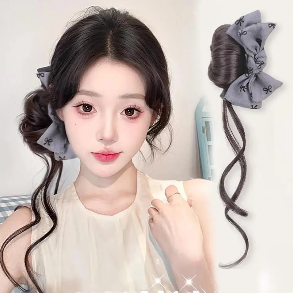 Synthetic Hair Bun Hair Extension With Bowknot Claw Clip Gray Style Messy Curly Chignon Ponytail Hairpieces With Long Whiskers