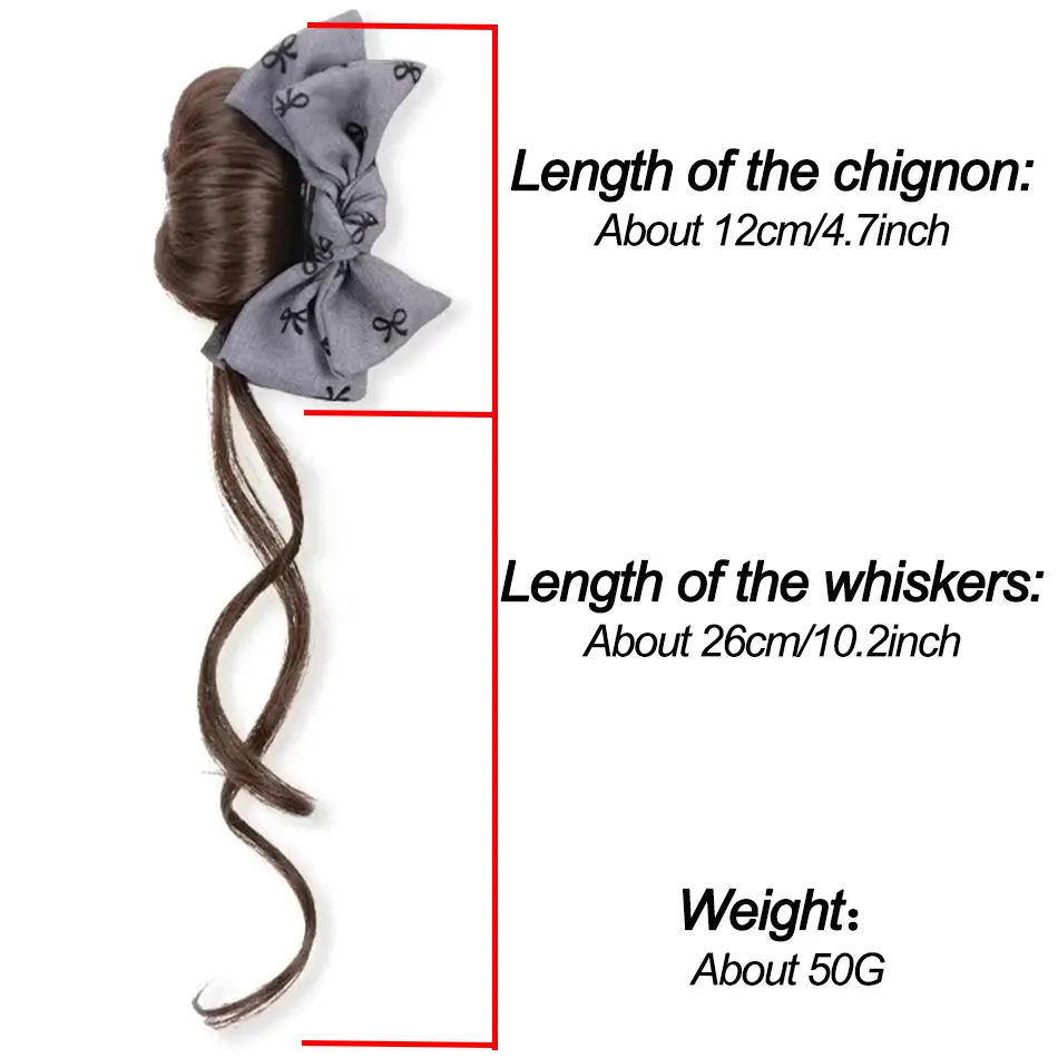 Synthetic Hair Bun Hair Extension With Bowknot Claw Clip Gray Style Messy Curly Chignon Ponytail Hairpieces With Long Whiskers