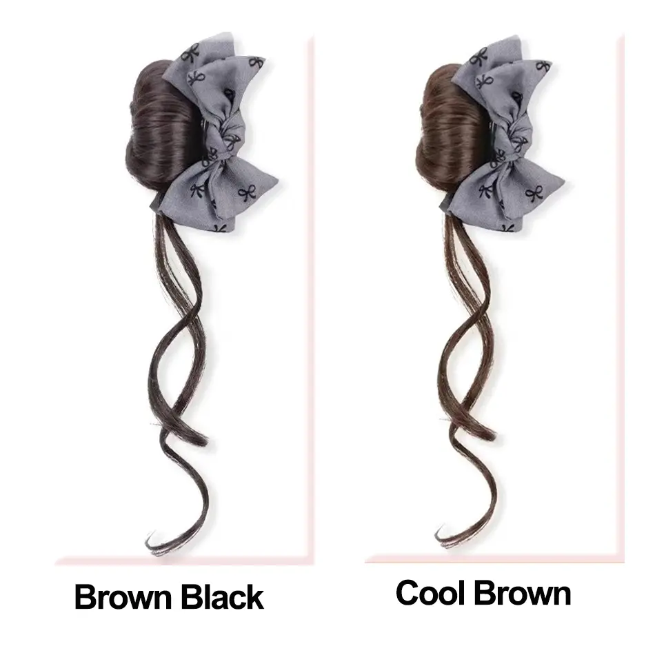 Synthetic Hair Bun Hair Extension With Bowknot Claw Clip Gray Style Messy Curly Chignon Ponytail Hairpieces With Long Whiskers