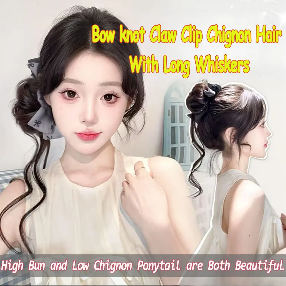 Synthetic Hair Bun Hair Extension With Bowknot Claw Clip Gray Style Messy Curly Chignon Ponytail Hairpieces With Long Whiskers
