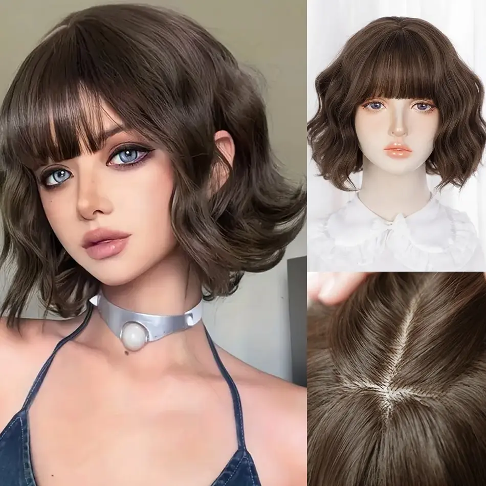 Cosplay Short Curly Synthetic Wig With Bangs Blonde Pink Water Wave Bob Wig With Natural Simulated Scalp 12‘ Heat Resistant Wig