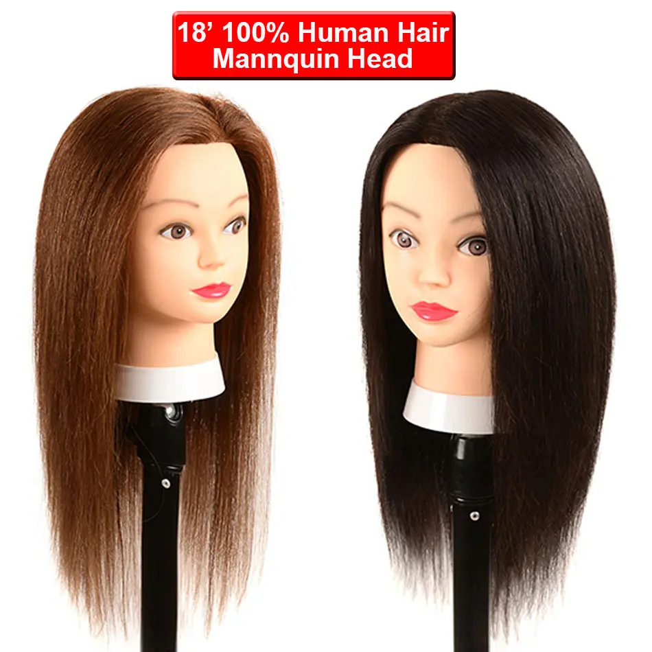 18' Premium 100% Human Hair Mannequin Head for Hair Training and Styling Cosmetology Mannequin Head With Clamp Stand for Salon