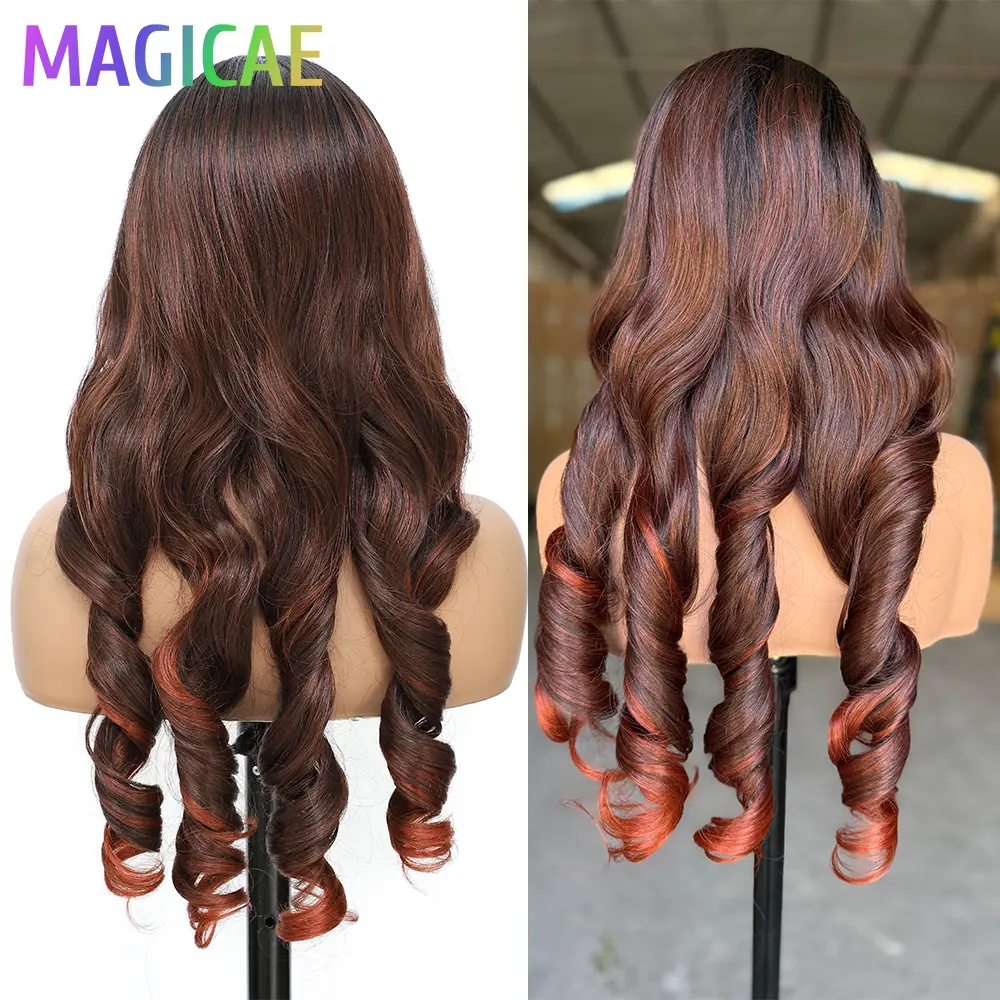 Magicae 30Inches 13X4 Loose Body Wave Lace Frontal Wigs Ombre Blond 613# Brown Bio Synthetic Heat Resistant Frontal Hair Wigs