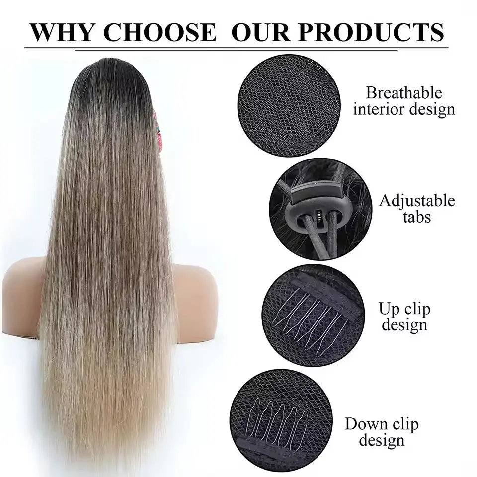 Straight Black Ponytail Blond 27/613 Hair Extensions With Clip Brown 28Inches Ombre Piano Color Heat Resistant Synthetic Hair