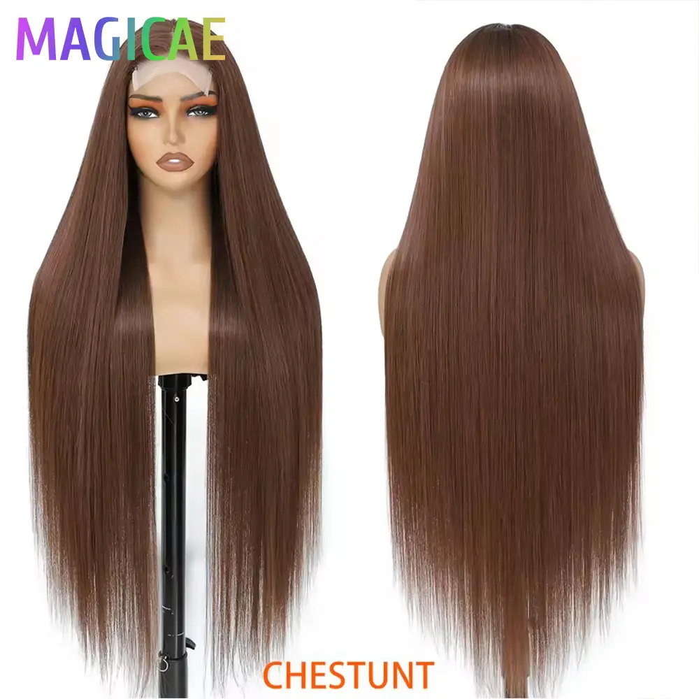 36Inches Straight 4X4 Lace Front Wigs 330Grams Blond 27/613 Chestnut Brown Bio Heat Resistant Fiber Pre Plucked Transparent Lace
