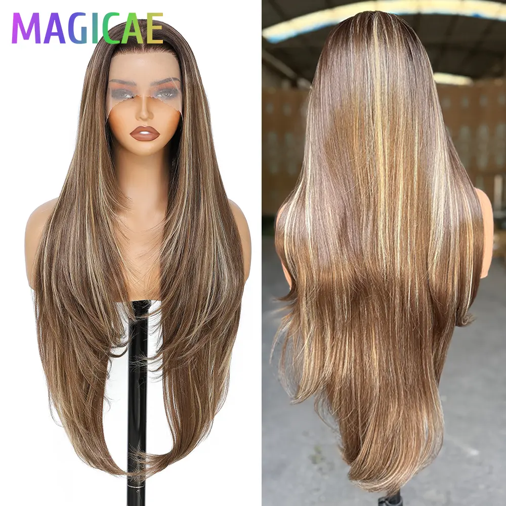 Magicae 30inch 13X4 Lace Frontal Straight Hair Wigs Highlight Ombre Brown Blond 27/613# Synthetic Heat Resistant Transparent Wig