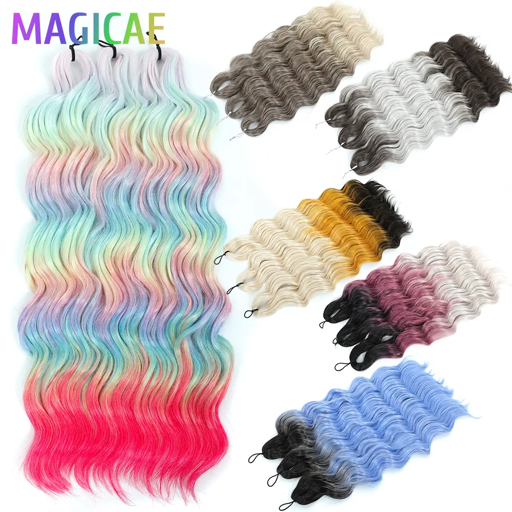 Anna 3Pcs 24Inch 300g Ombre Brown Rainbow Purple Deep Wave Twist Crochet Braids Pink White Synthetic Braids Hair Wavy Extension