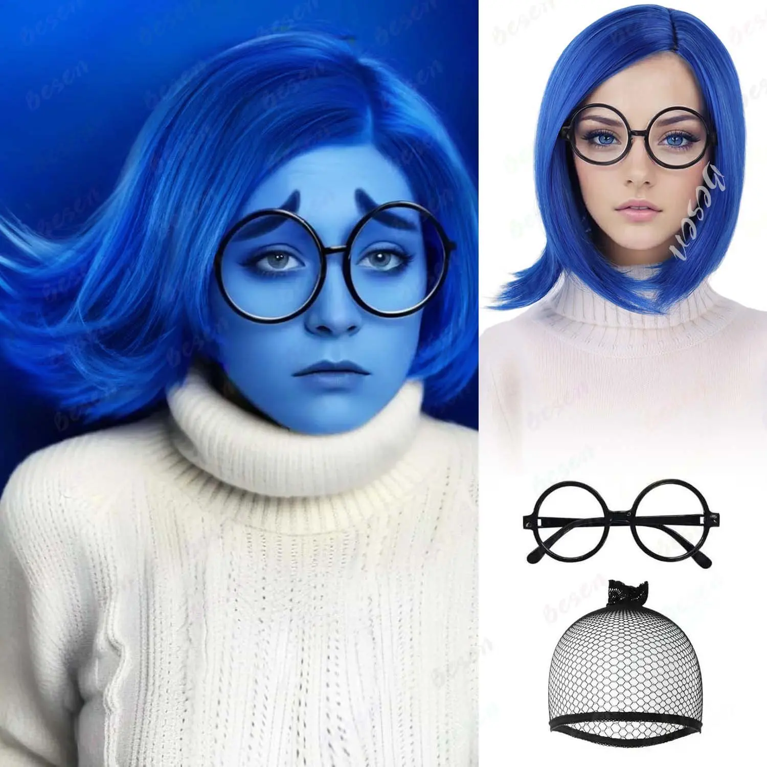 Synthetic Sadness Costume Blue Bob Wig with Black Glasses Short Blue Costume Anime Wig for Women Cosplay Halloween Party