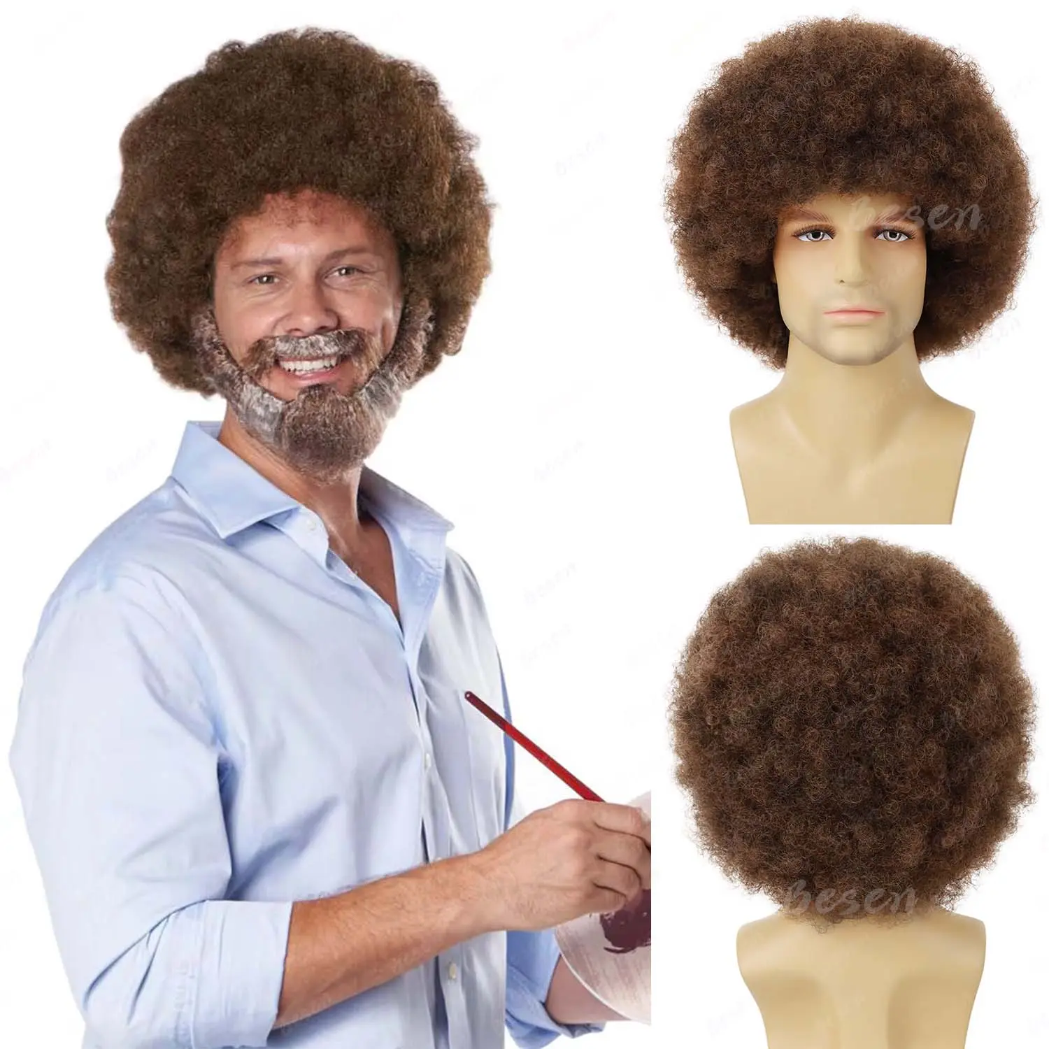 Synthetic Afro fluffy Wig for Men Costumes Men's Joyful Painter Wig Short Brown Afro Curly Halloween Hippie Party Wig