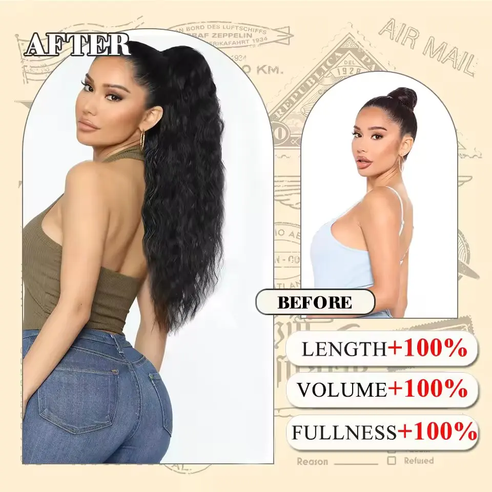 Synthetic Long Curly Drawstring Ponytail for Women 24" Black Blonde Brown Mix Color Ponytail Clip in Hair Extensions for Daily