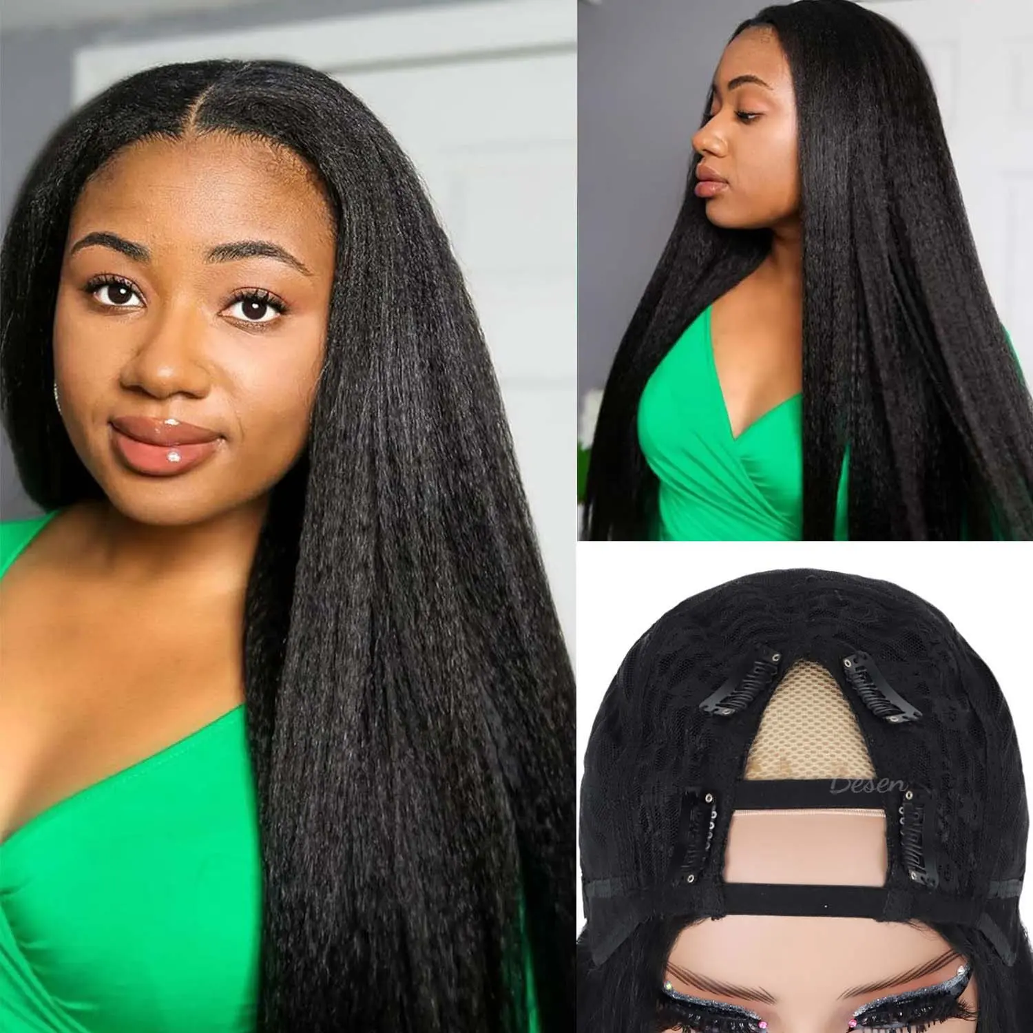 Synthetic Black Yaki Kinky Straight U Part Wig for Black Women Long Kinky Straight U Part Wig Clip In Hair Extensions for Women