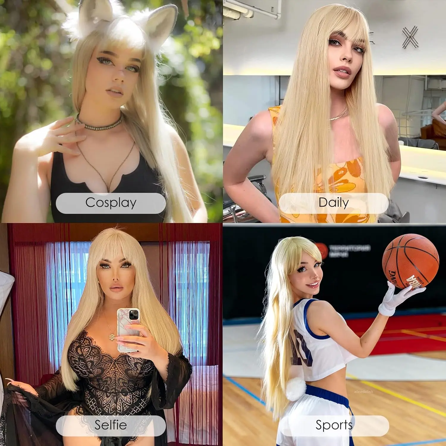 Synthetic Long Straight Wigs with Bangs Heat Resistant Women Wig for Daily Party Christmas Halloween Use 22"(Black,Brown,Blonde)