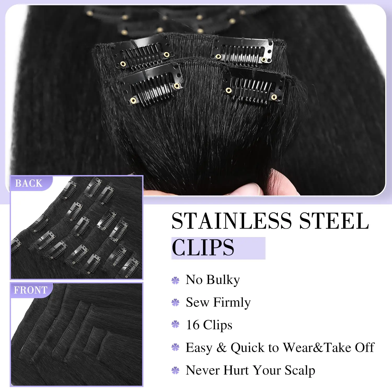 Synthetic Yaki Clip In Hair Extensions Yaki Straight 7Pcs/set 16Clip-In Hairpieces for Black Women Daily Use, Multiple Inches