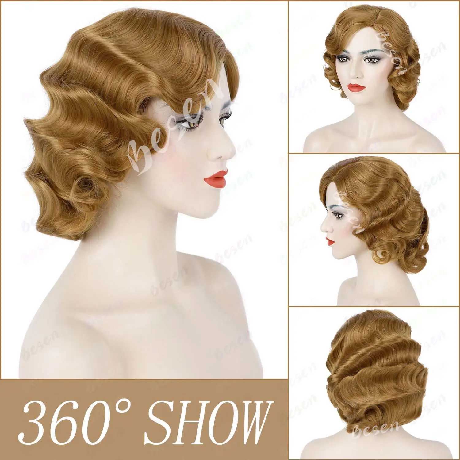 Synthetic Finger Wave Wig 1920s Retro Mid Length Black Brown Long Curly Hair for Women  Vintage Wig for Cosplay Halloween Party