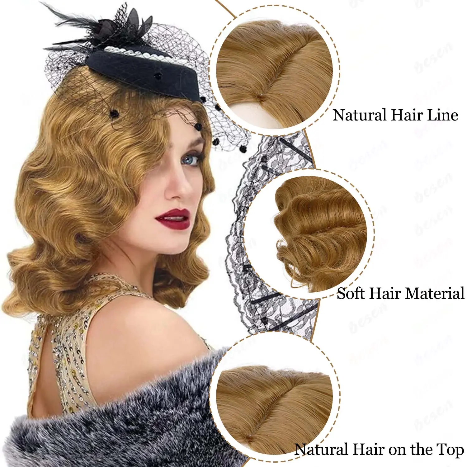 Synthetic Finger Wave Wig 1920s Retro Mid Length Black Brown Long Curly Hair for Women  Vintage Wig for Cosplay Halloween Party