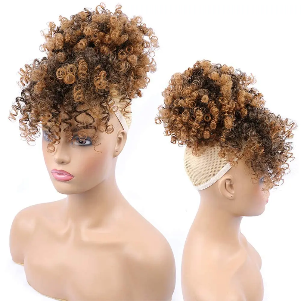 Synthetic Drawstring Ponytail with Bangs Afro Puff Ponytail Extensions Short Curly Puff Ponytail Clip in Wrap Updo Hairpiece