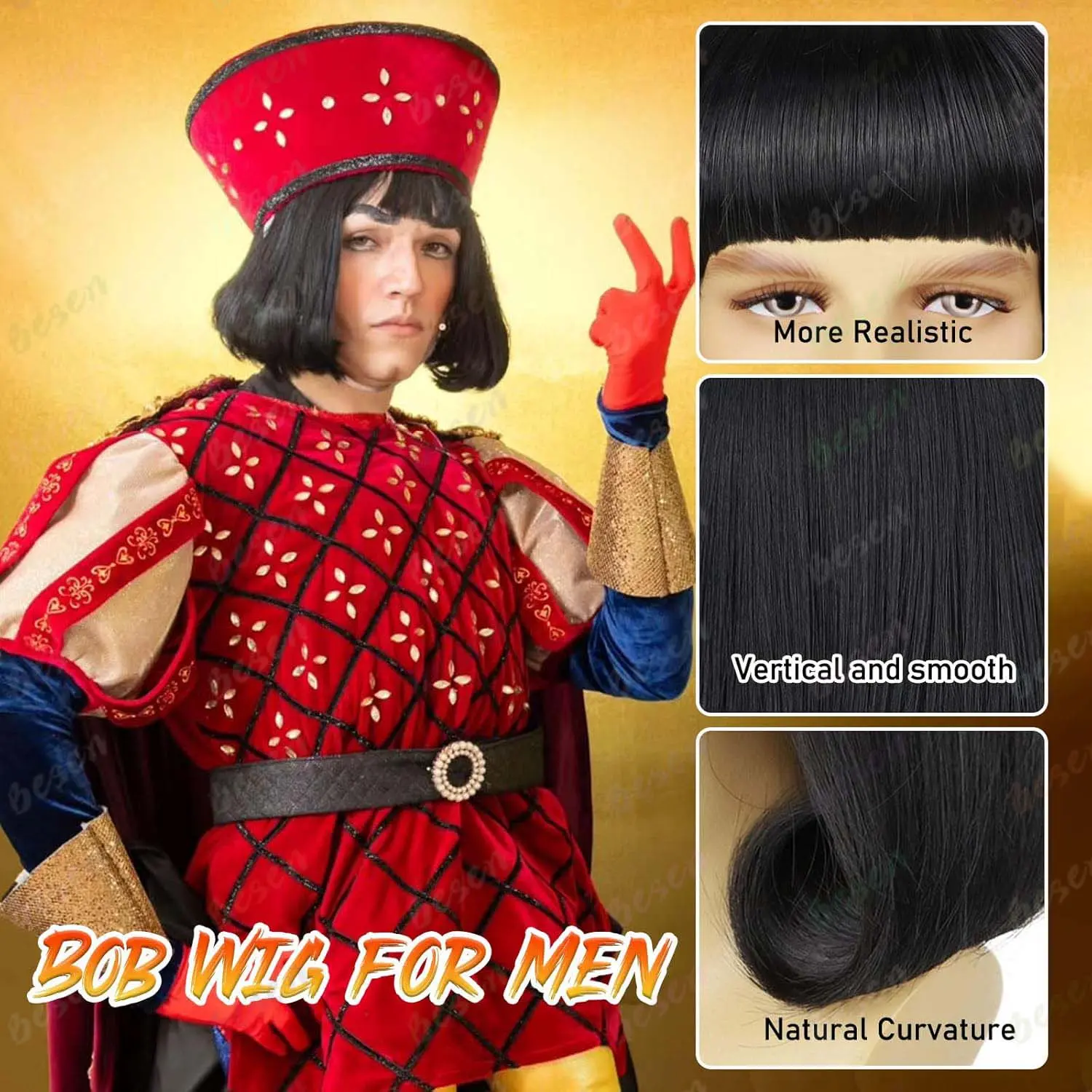 Synthetic Short Black Bob Wig for Man with Flat Full Bangs Funny Wig Cosplay Party Wig 14" Bob Wig with Bangs Lord Farquaad Wig