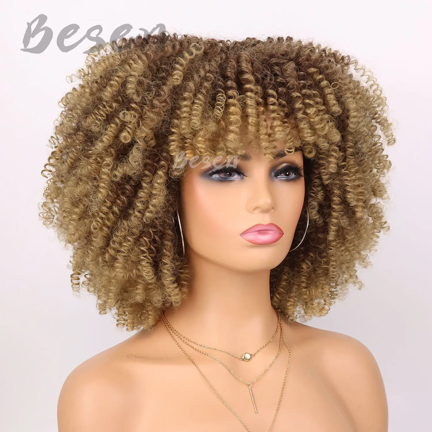 Synthetic Short Kinky Curly Wigs for Women Soft Short Afro Wig with Bangs Heat Resistant Full Afro Curly Wigs for Daily Use