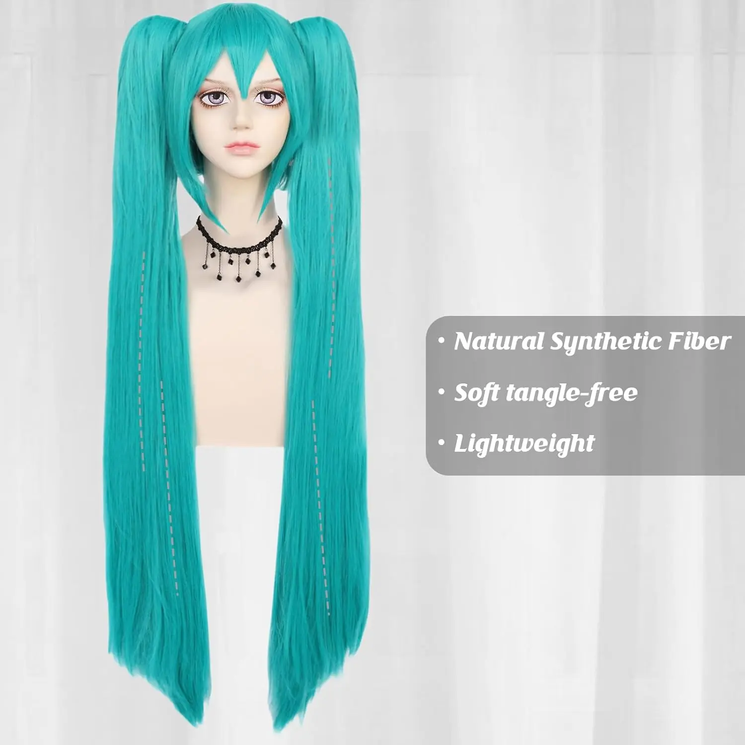 Synthetic Green Wig Cosplay with Bangs Long Straight Wig 2 Ponytail Peluca Verde for Women Lolita Wig with Pigtails Kawaii Wig