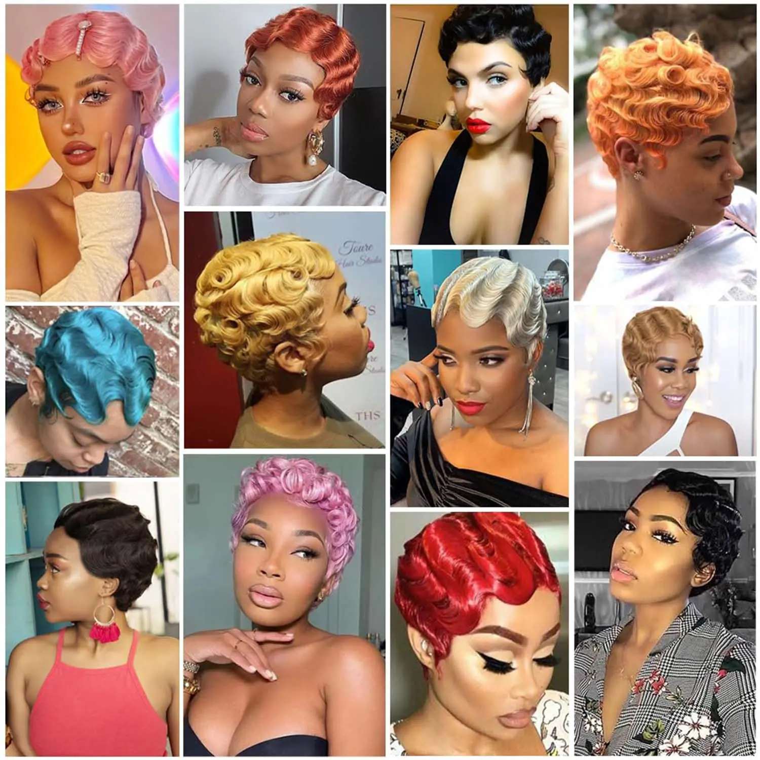Synthetic Short Pink Wigs for Black Women Finger Wave Wig Pixie Cut Curly Wig for Women Short Wavy Hair Wigs, Multi-colored Wig