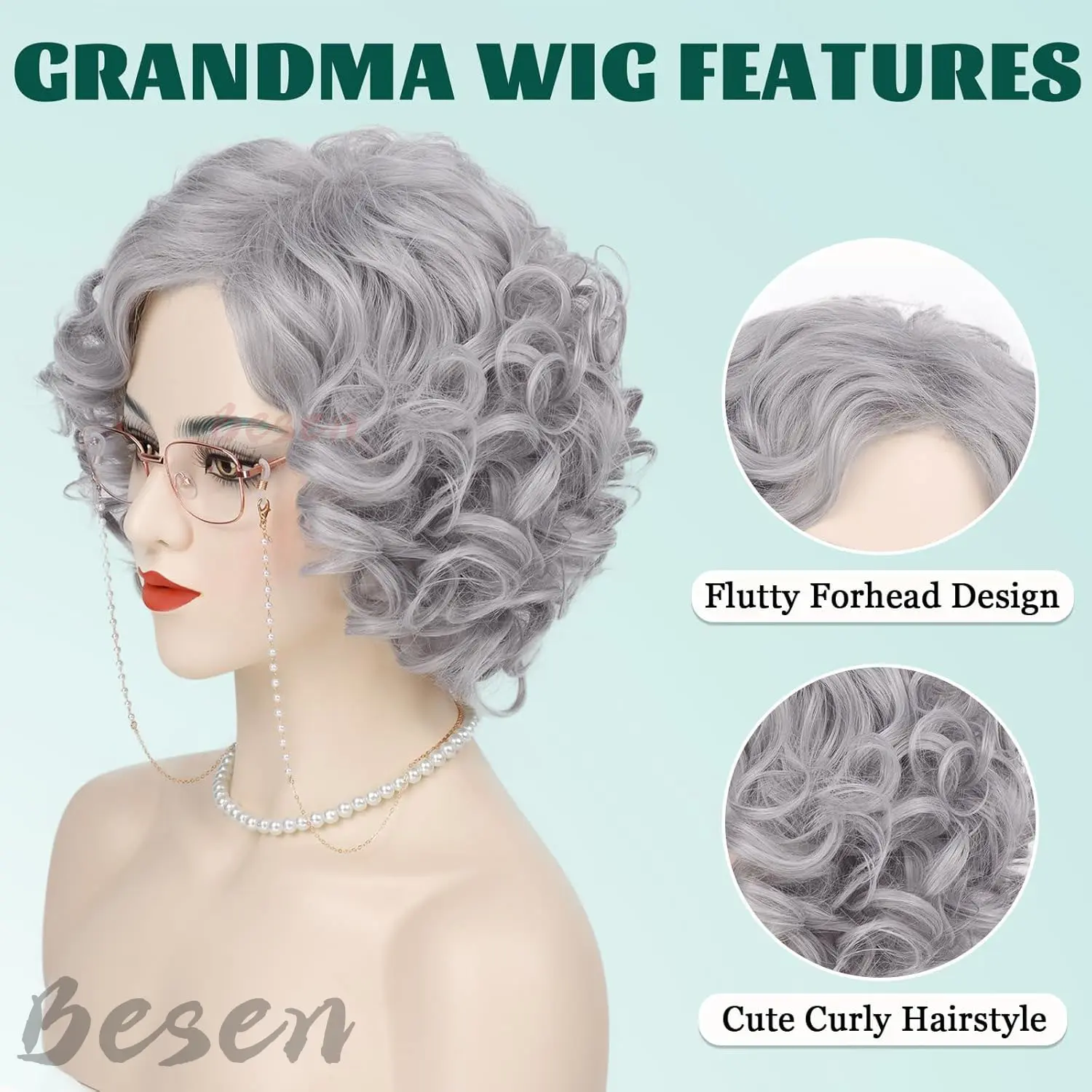 Synthetic Old Lady Wigs Short Grey Curly Grandma Wig for 100th Days of School Mrs Claus Cosplay Costume Halloween Party Wigs