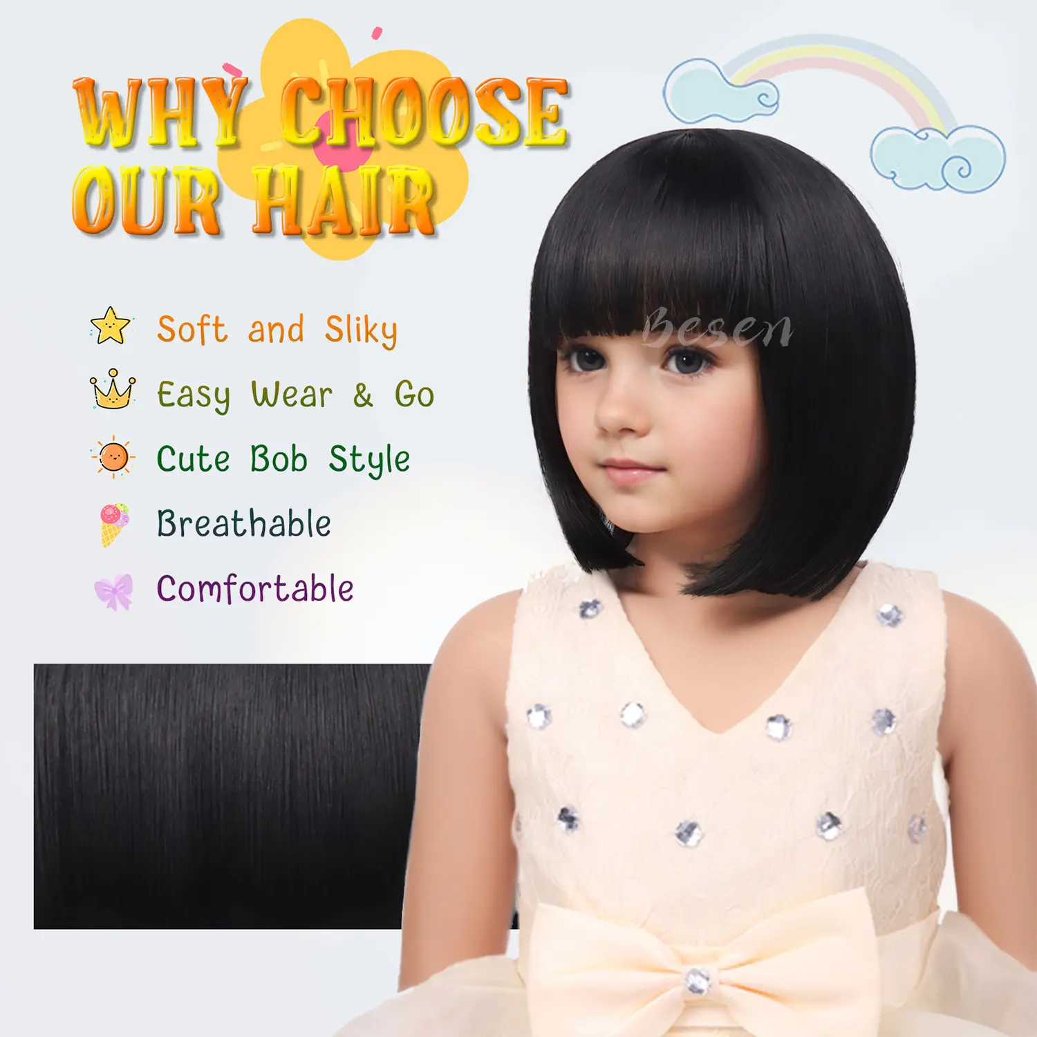 Synthetic Kids Wig Short Bob Wig with Bangs Short Straight Wig for Girls Child Wig Costume Cospaly Daily Party Use