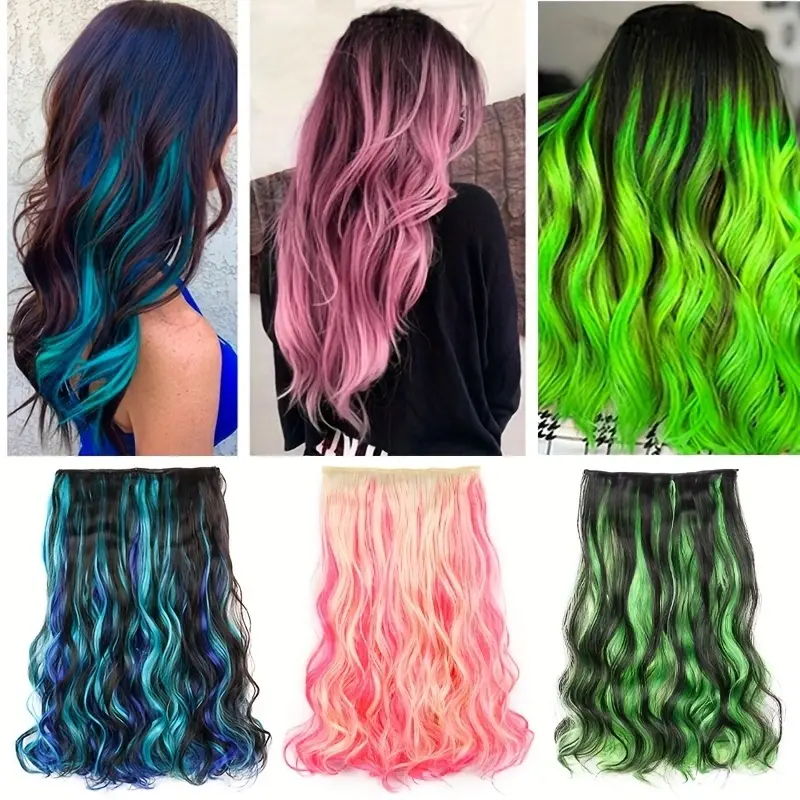18Inch Synthetic Clip Hair 5 Clips Color Highlight Dyed Large Wave Wig Piece Seamless Hair Extension