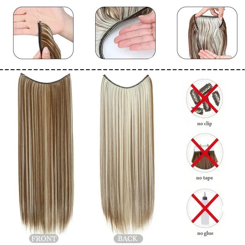 24Inch Synthetic No Clips In Hair Extension Fish Line Invisible Black Blonde One Piece Long Straight Fake Hair Piece for Women