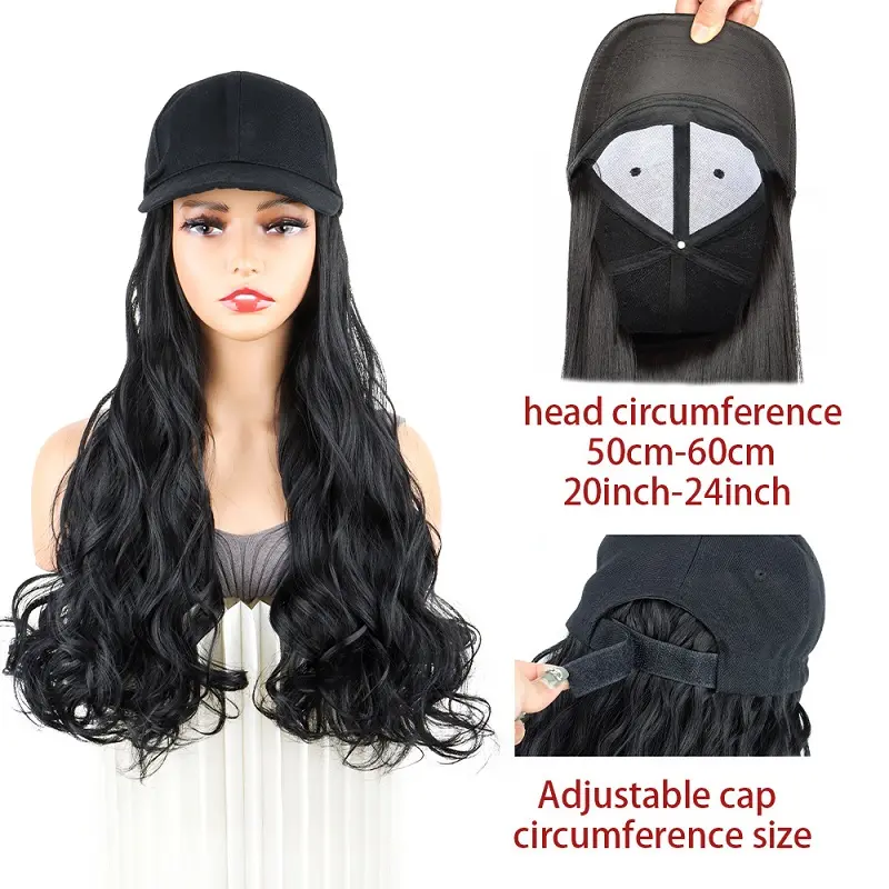 20Inch Synthetic Long Curly Baseball Cap Hat Wigs Heat Resistrant Black Brown Hairpiece for Women