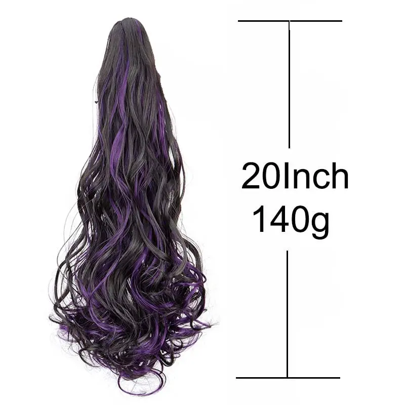 Synthetic 20Inch Long Curly Ponytail Claw Clip in Hair Extension Mixed Red Purple Hairpiece for Women