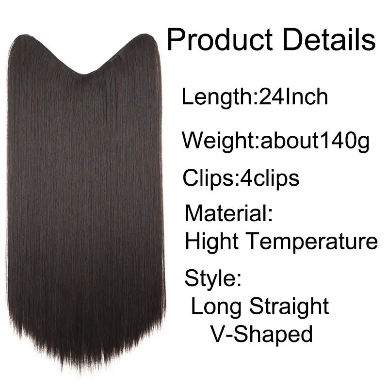 24Inch Synthetic Long Straight One Piece Hair Extension 4 Clips V-shaped Hairstyle Black Blonde Hairpiece for Women
