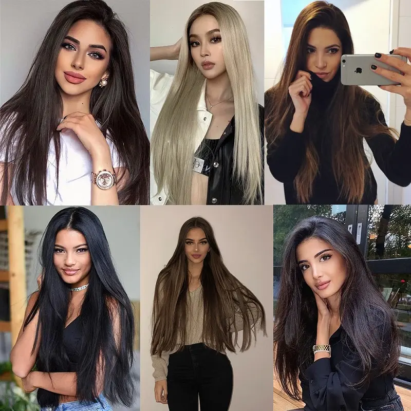 24Inch Synthetic Long Straight One Piece Hair Extension 4 Clips V-shaped Hairstyle Black Blonde Hairpiece for Women