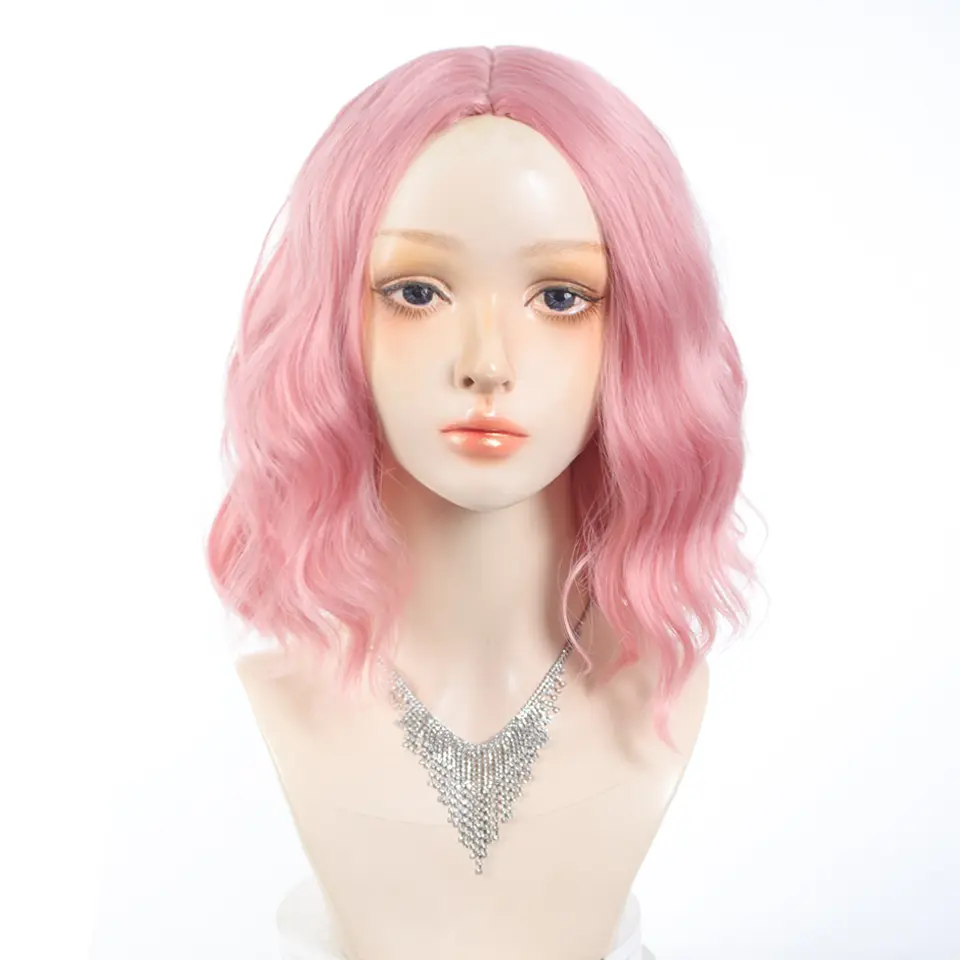 LUPU Short Wavy Pink Synthetic Wigs for Women 14 Inch Middle Part Shoulder Length Bob Wavy Pink Wig Cosplay Wig for Girl
