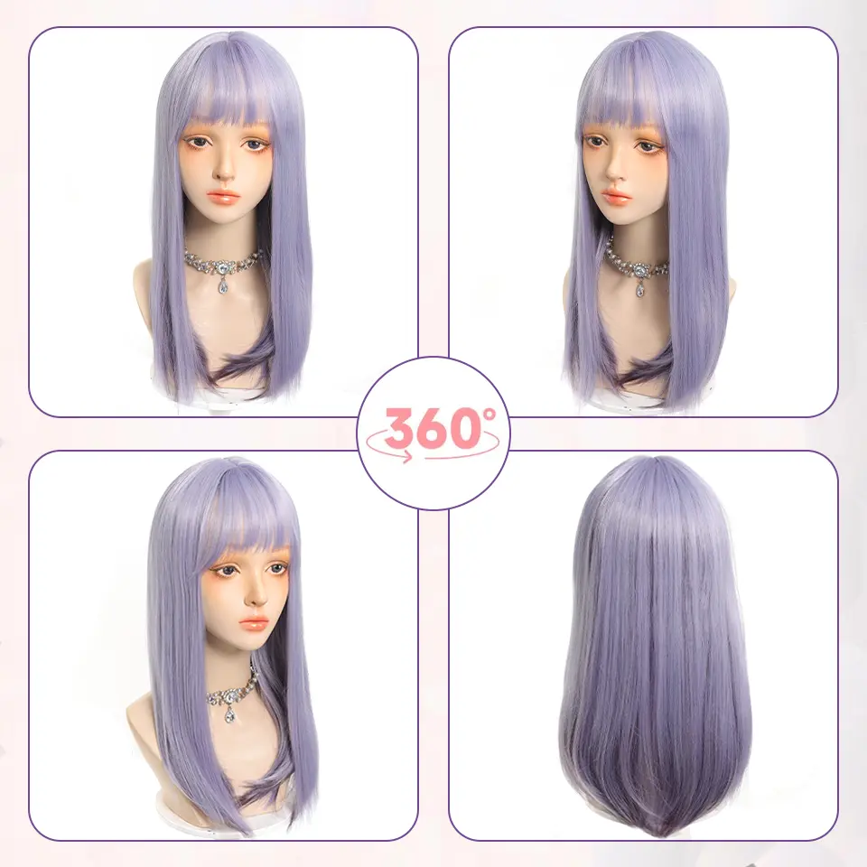 LUPU 24 Inch Purple Synthetic Straight Wigs， With Bangs Light Purple Heat Resistant Fiber Hair Wigs For Women Cosplay Party