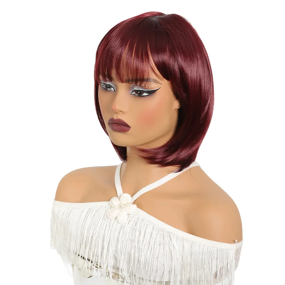 12 Inch Synthetic burgundy bob Straight hair with Bangs, Fashionable For Daily Use Party Cosplay Halloween For Music Festival