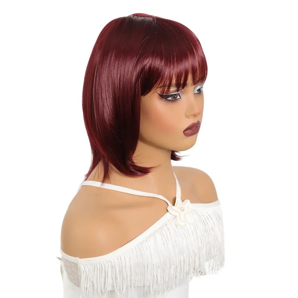 12 Inch Synthetic burgundy bob Straight hair with Bangs, Fashionable For Daily Use Party Cosplay Halloween For Music Festival