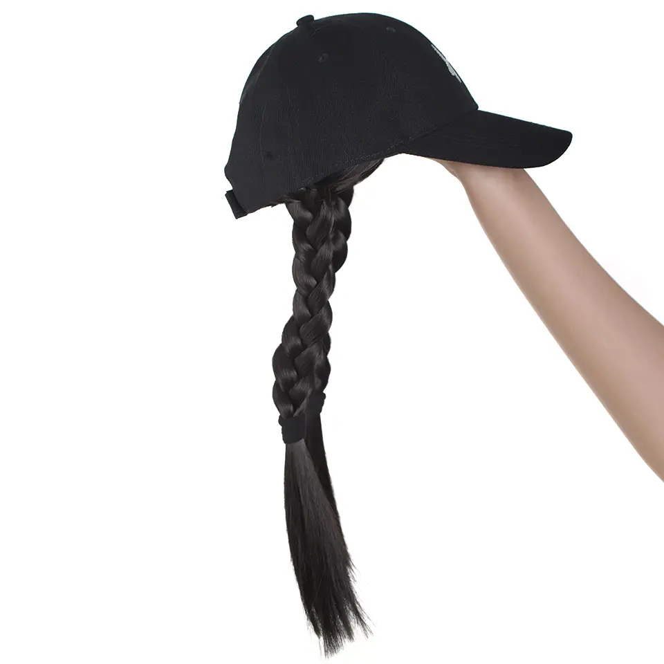 LUPU Synthetic Women's Black Baseball Cap with 16" Heat-Resistant Synthetic braided hair, for Cosplay, Everyday Hair Accessory