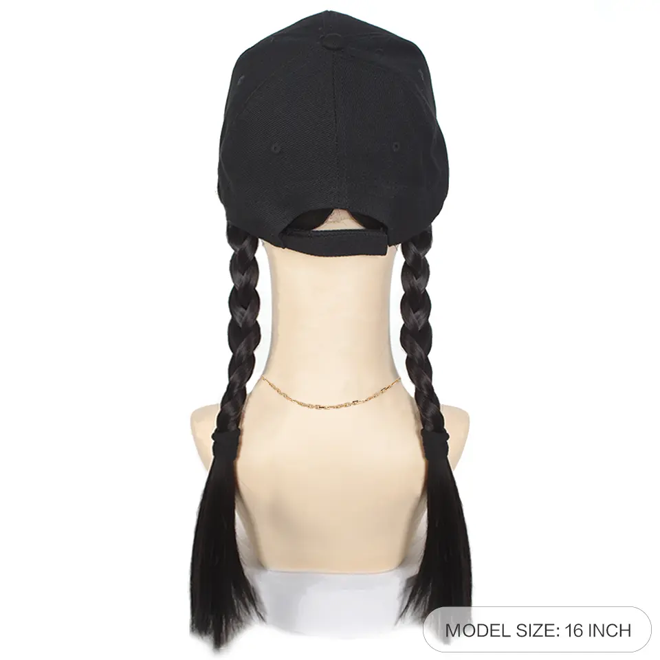 LUPU Synthetic Women's Black Baseball Cap with 16" Heat-Resistant Synthetic braided hair, for Cosplay, Everyday Hair Accessory