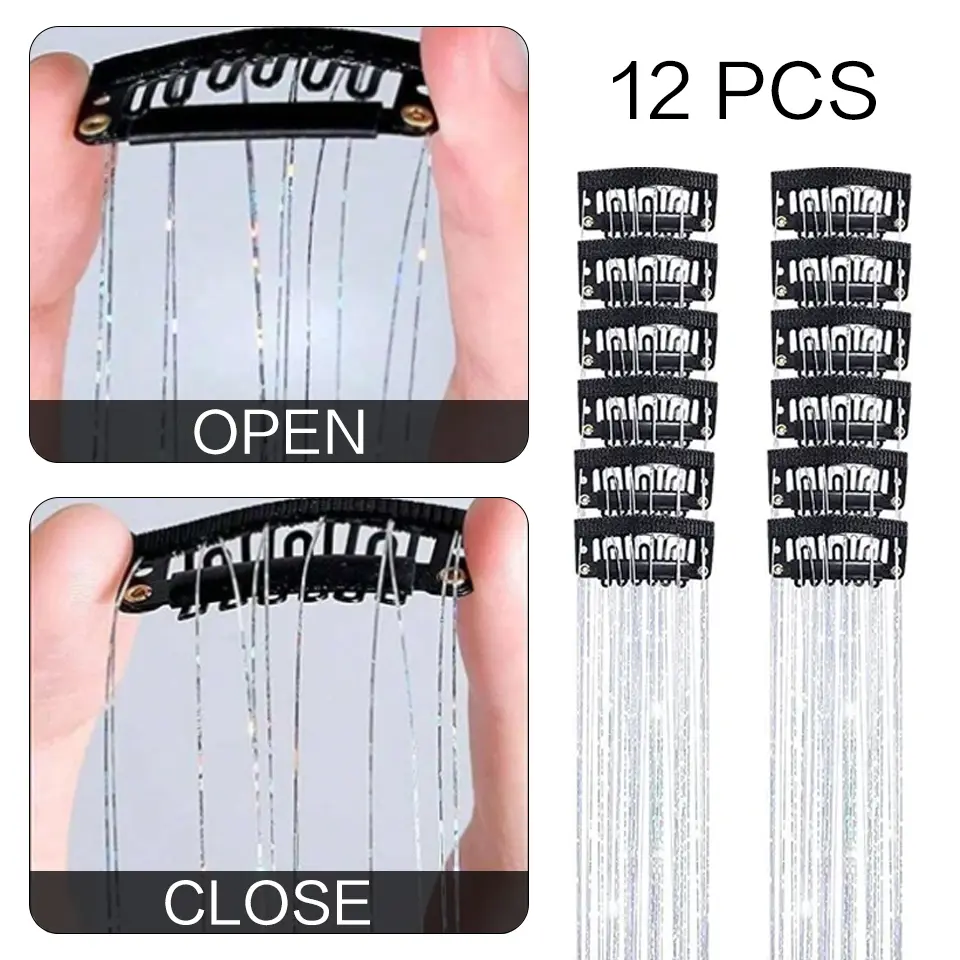 12pcs, 20 Inch Synthetic Shiny Hair Clip Hair Extensions, Suitable For Music Festival, Party, Christmas Day Hair Accessories