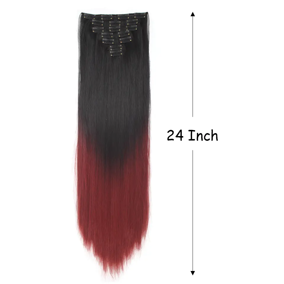 LUPU Synthetic Straight Clip in Hair Extension Black Red 24 Inch 7PCS Long Straight Hairpieces for Women Kids Girls Cosplay