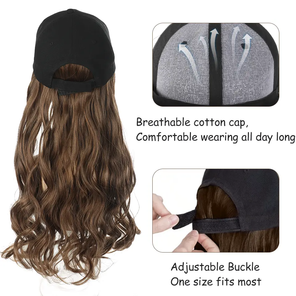 18 Inch Baseball Cap Wig Long Wavy Hair Extensions With Hat Heat Resistant Synthetic Fiber Hairpieces Adjustable Wig for Women