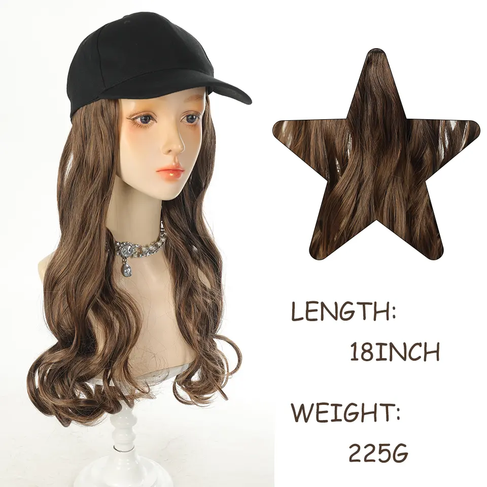 18 Inch Baseball Cap Wig Long Wavy Hair Extensions With Hat Heat Resistant Synthetic Fiber Hairpieces Adjustable Wig for Women