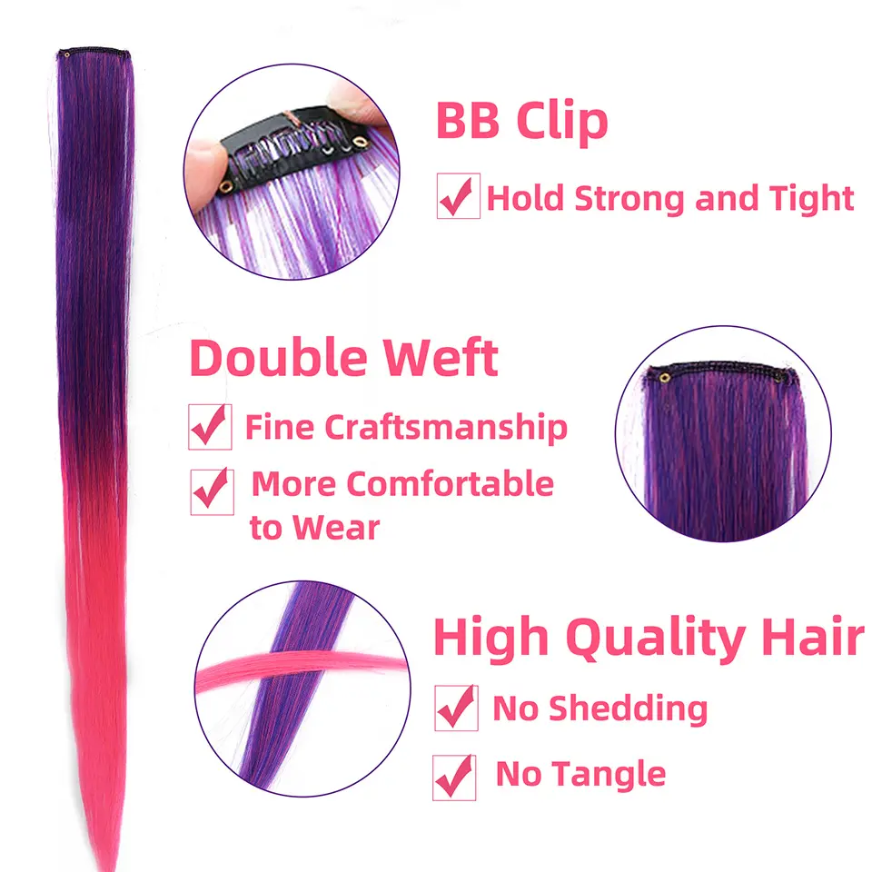 LUPU 22 Inch Colored Highlight Synthetic Hair Extensions Rainbow Long Straight Hairpieces for Women Kids Girls Purple Pink Blue