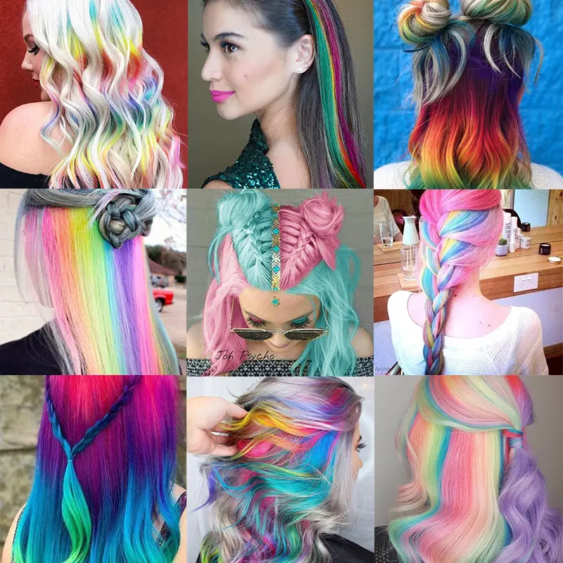 LUPU 22 Inch Colored Highlight Synthetic Hair Extensions Rainbow Long Straight Hairpieces for Women Kids Girls Purple Pink Blue