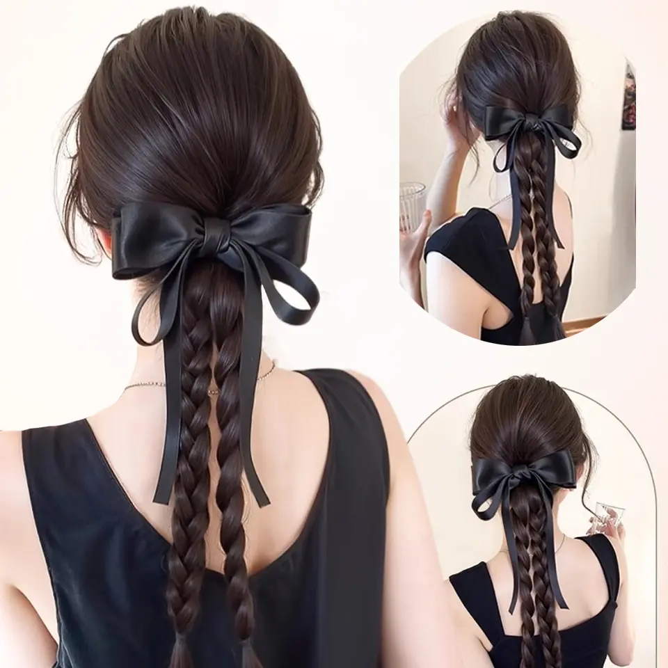 LUPU Synthetic 18 Inch Bow Claw Clip High Ponytail with Double Twist Long Braid Hair Accessories， New Style Ponytail Wig