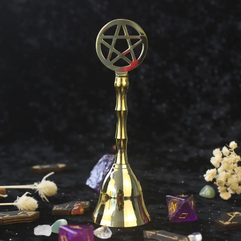 Pentagram Altar Ornament Cup Brass Hand Altar Bell Ritual Ringing Witchcraft Supplies Tarot Home Decorations for Meditation