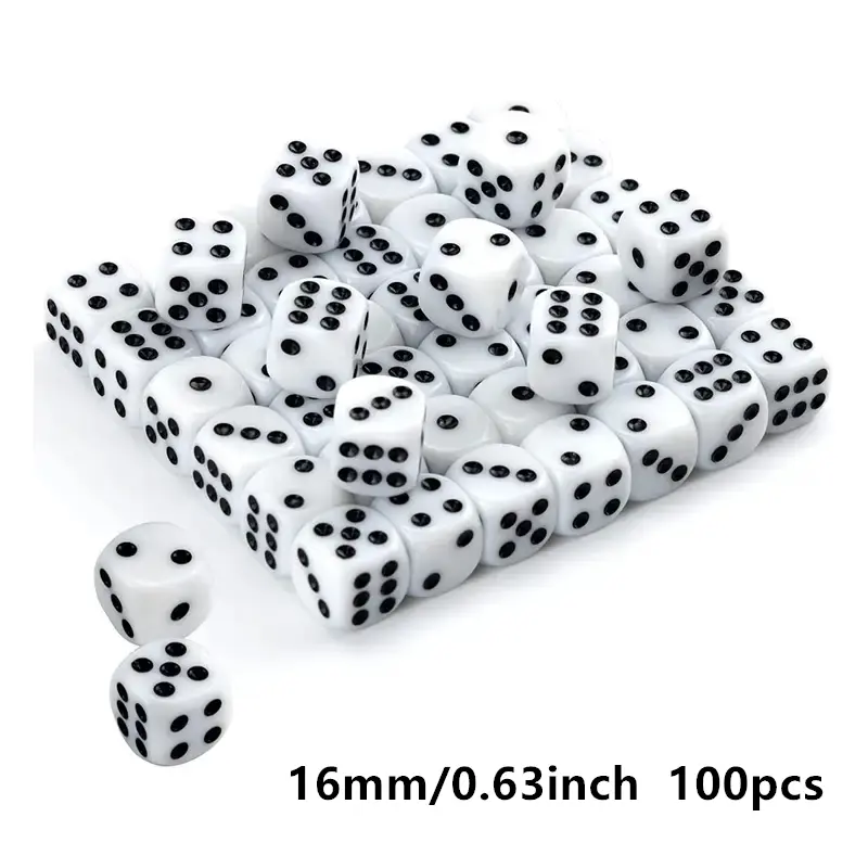 100 pcs/set 14mm/0.55inch or 16mm/0.63inch white acrylic dice with black points suitable for board game party bar