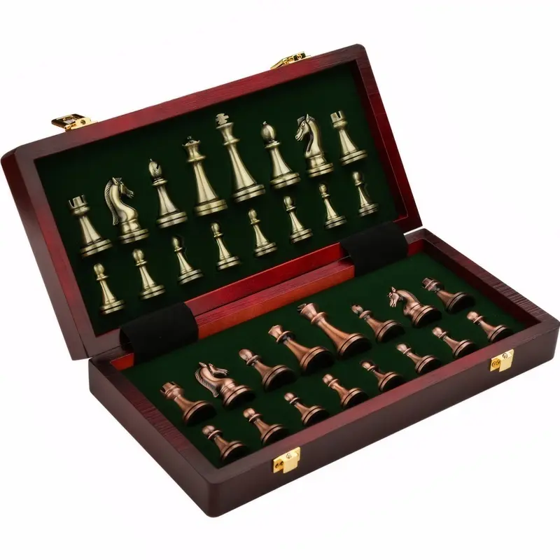 Chess Set High End 30cm/11.8inch Antique Bronze Foldable Solid Wood Box Alloy Weighted Chess Pieces Christmas Holiday Gift