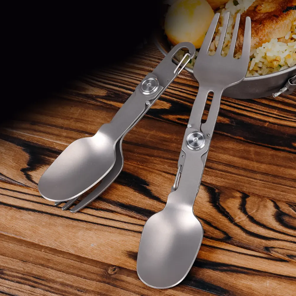 Portable Titanium Alloy 2 in 1 Folding Fork and Spoon Combo Lightweight Camping Utensil Spork for Backpacking Outdoor Tool EDC